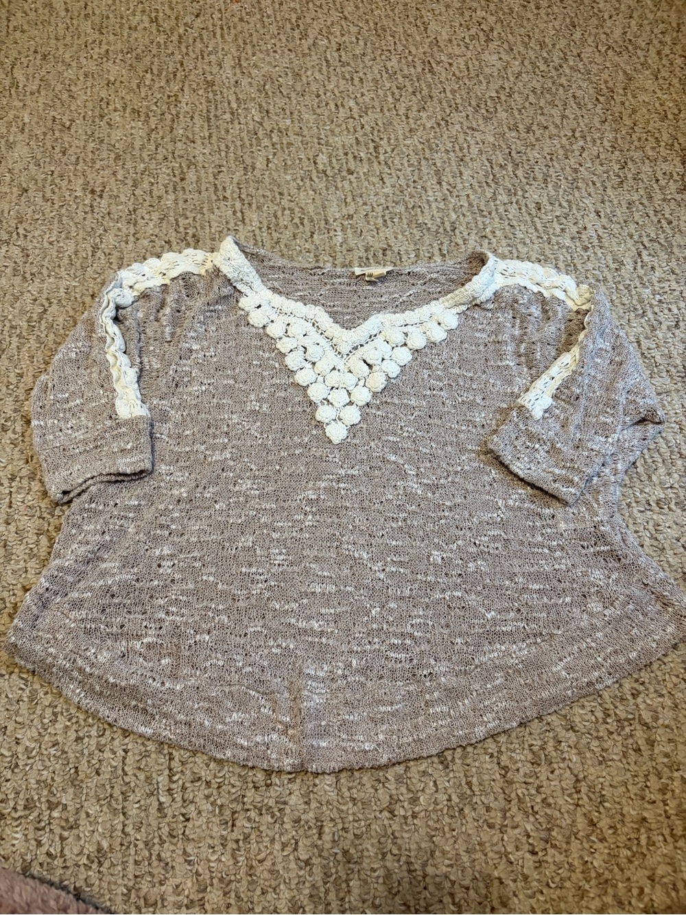 Meadow Rue Taupe Knit Top with Cream Lace V-Front